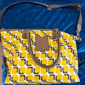 Orla Kiely Yellow Black Cream Floral Tote with Brown Trim